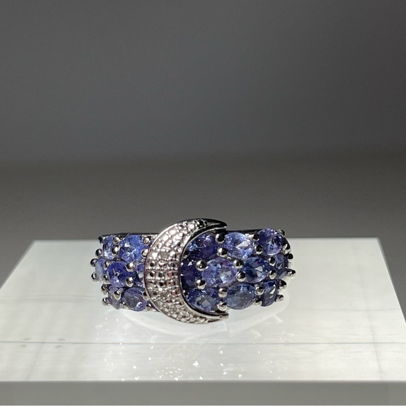 Tanzanite and Zircon Buckle Ring in Platinum over Sterling Silver Size 10 - Picture 4 of 15